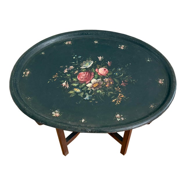 Victorian Papier Mâché Black & Gold Tea Tray on Stand For Sale