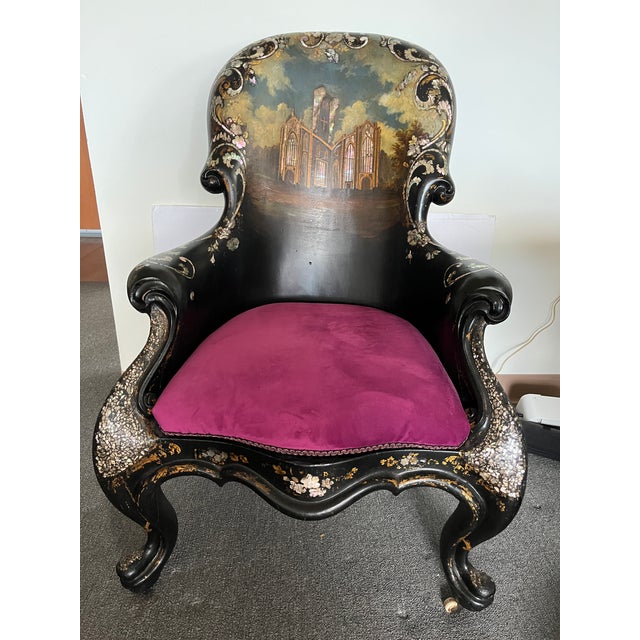 Hand painted large size , elaborate shape, Gothic Cathedral Scene, Ebonized black lacquer, gilt & mother-of-pearl...