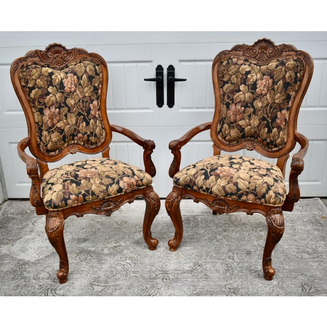 Thomasville Vintage Pair of Thomasville Carved Tuscan Style Arm Chairs W/Floral Fabric For Sale - Image 4 of 11