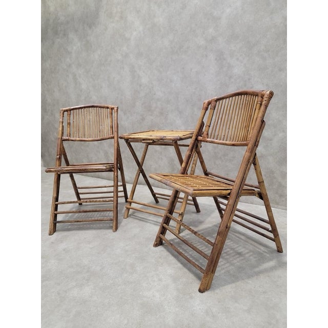 Mid Century Modern British Colonial Style Bamboo Folding Chairs & Folding Bamboo Tables For Sale In Chicago - Image 6 of 10