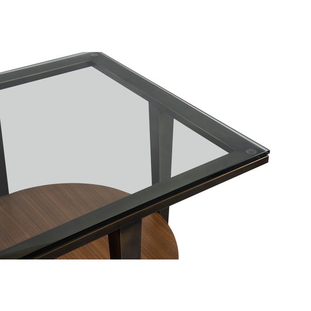 Modern Modern Greg Sheres Style Bronze and Walnut End Table with Glass Top For Sale - Image 3 of 5