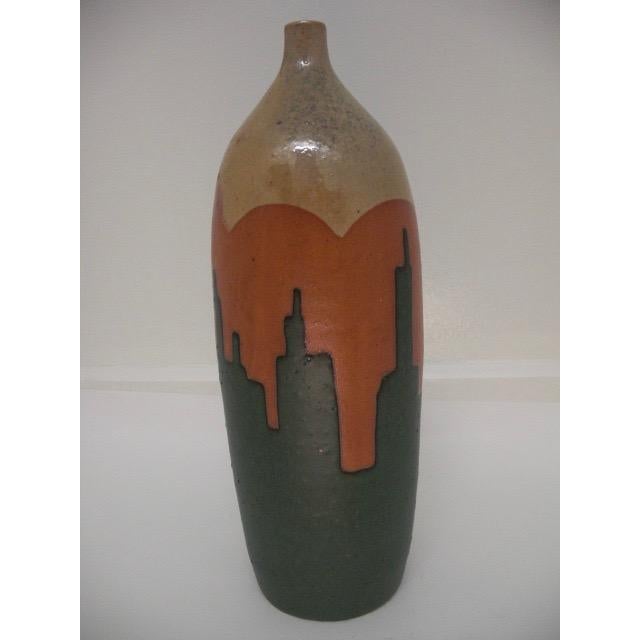 Forest Green Vintage Studio Pottery Vase With Three-Color Glaze Design For Sale - Image 8 of 14