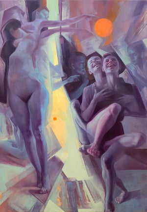 Recall by Alla Bartoshchuk | Oil Painting of abstract figures interacting in a surreal space
