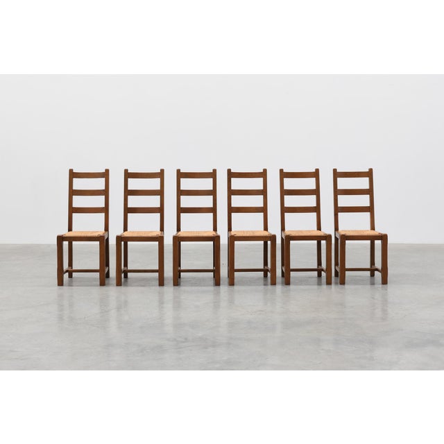 Rustic Oak Ladder-Back Chairs with Rush Seats, France, 1950s, Set of 6 For Sale - Image 4 of 18