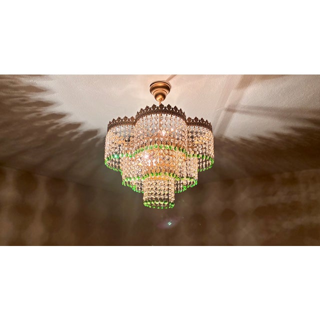 Vintage Crystal Tiered Flush Mount Chandelier With Green Crystal Accents - Restored For Sale - Image 9 of 18