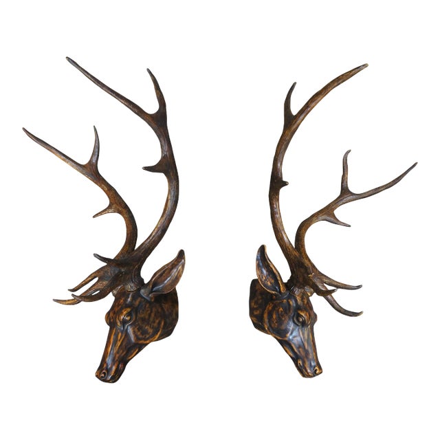 2 Faux Wood Deer Stag Buck Head Taxidermy Wall Mount Sculptures 43" For Sale