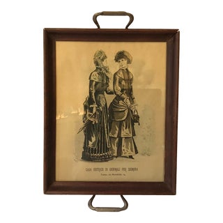 Vintage Wooden Tray With Paris Fashion Print For Sale