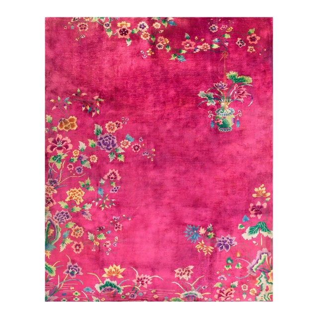 1920s Pink Raspebery Floral Antique Chinese Dec Rug 8'10" X 11'2" Handknotted Wool Carpet For Sale