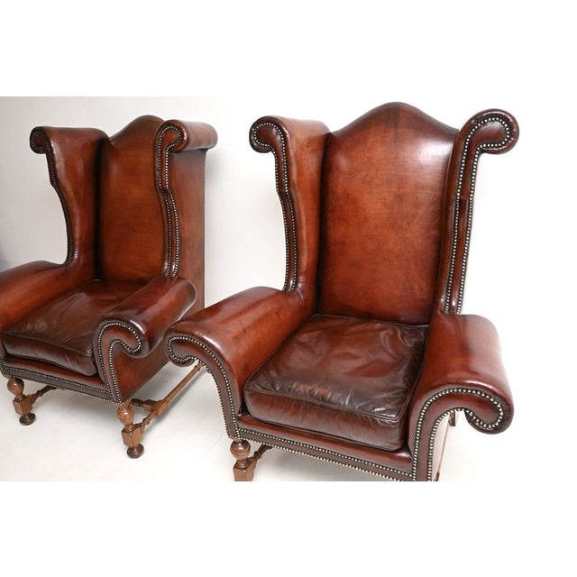 Wood Antique Leather Wing Back Armchairs, 1920s, Set of 2 For Sale - Image 7 of 11