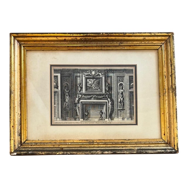 18th Century French Architectural Interior Engraving of Ornate Fireplace, Gilt Frame For Sale