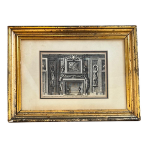 18th Century French Architectural Interior Engraving of Ornate Fireplace, Gilt Frame