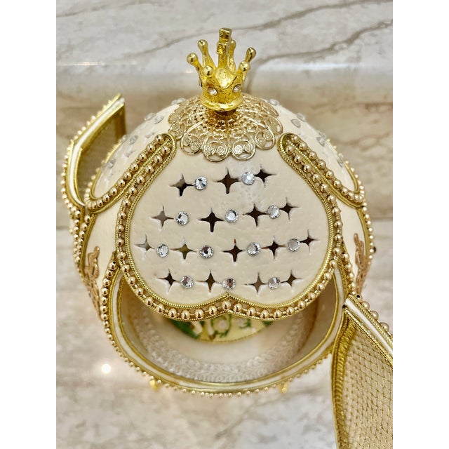 2005 Vintage Fabergé Egg Style XXXXL Pierre Lorren Natural Egg Hand Carved Faberge Style Music Austrian Crystal Pure Gold Deco Handmade 5.1" X 5.9" For Sale In Washington DC - Image 6 of 15