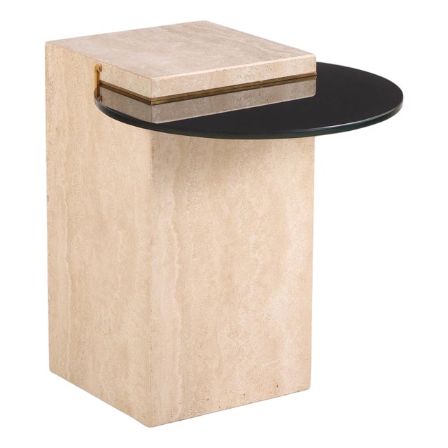 Late 20th Century Italian Cantilevered Glass and Travertine Side Table For Sale