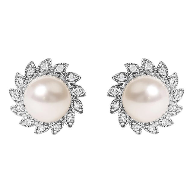 10K White Gold Heirloom-Style Pearl and Diamond Accent Halo Stud Earrings (I-J color, I1-I2 Clarity) For Sale