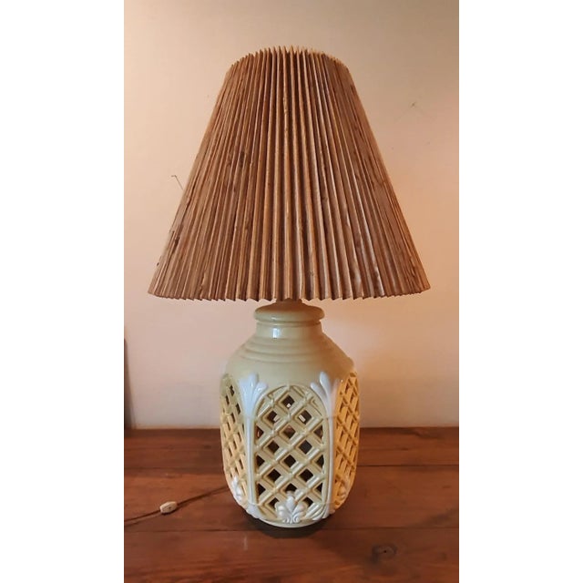 Textile Lattice Cutout Glow Lamps Grass Cloth Shade For Sale - Image 7 of 12