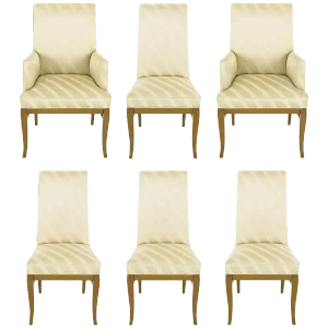 Six Bleached Mahogany and Silk Upholstered Saber Leg Dining Chairs