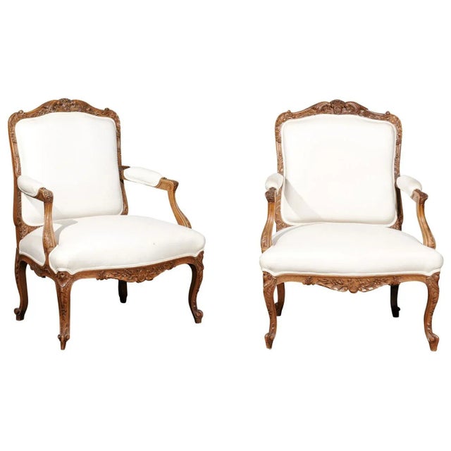 Italian 19th Century Rococo Style Carved Walnut Upholstered Armchairs - A Pair For Sale - Image 12 of 12