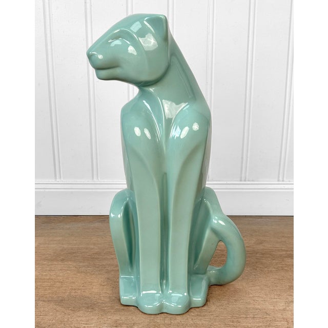 1980s Vintage 21" Art Deco Celadon Green Porcelain Panther Floor Statue For Sale - Image 5 of 8