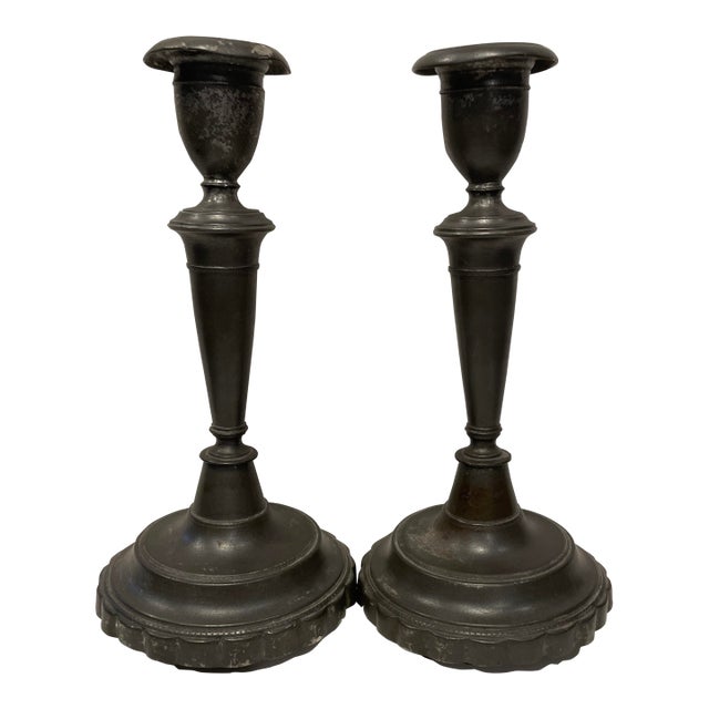 Pair of Antique Pewter Candlesticks For Sale
