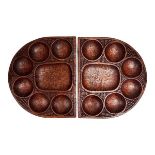 Vintage Hand-Carved Folding Wooden Mancala Style Game Board With Figural Relief For Sale