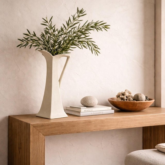 Vintage Mid-Century Modern Sculptural Ceramic Ewer Vase With Square Base – Ivory Matte Finish For Sale - Image 9 of 10