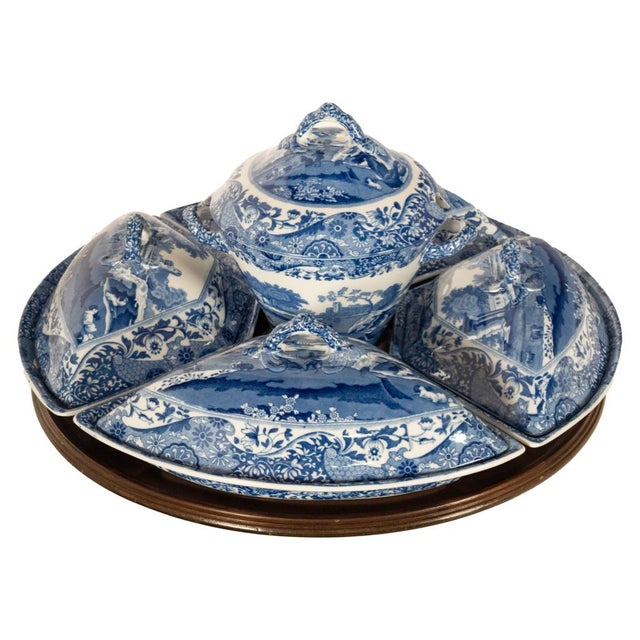 A rare and large Copeland Spode blue and white porcelain lazy susan set in the "Italian" pattern on a wooden turntable,...