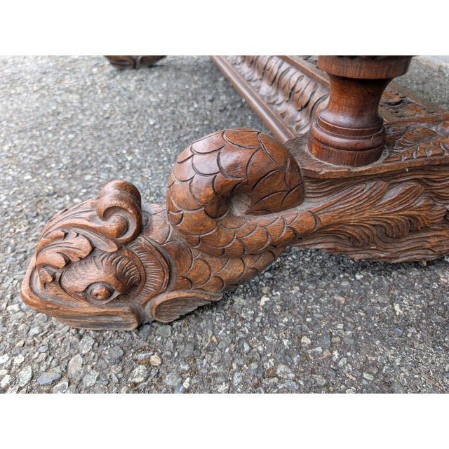 Wood Antique 19th Century French Renaissance Revival Carved Oak Dolphin Sea Serpent Library Desk For Sale - Image 7 of 12