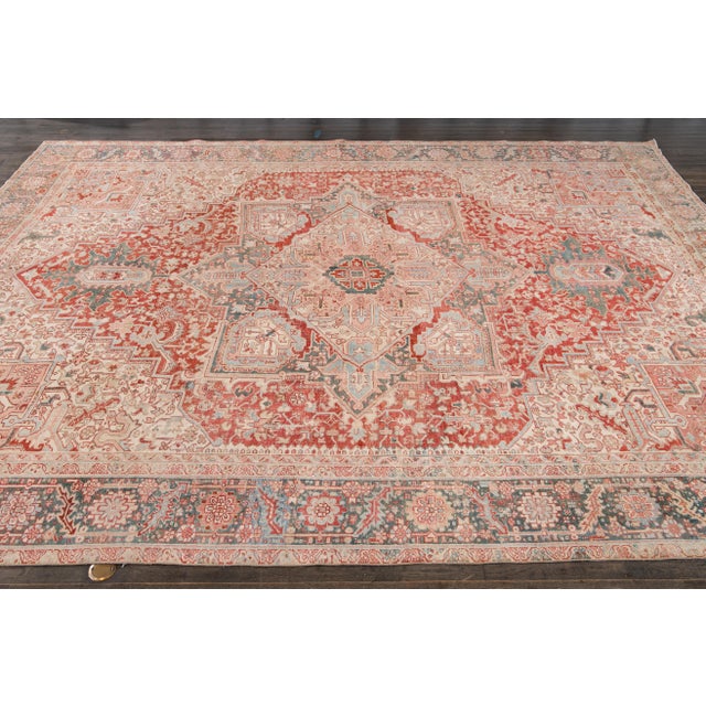 Red Antique Persian Heriz Wool Rug Handmade in Red Featuring a Medallion Motif For Sale - Image 8 of 10