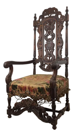 Antique Baroque Style High Back Throne Chair With Carved Wood Detail and Upholstered Seat