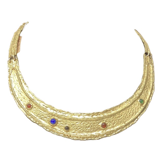 Vintage Les Bernard Egyptian Revivall Cleopatra Style Necklace With Gold-Tone Construction For Sale