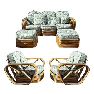 1950s Rattan Mid-Century 6-Strand Square Pretzel Sofa & Lounge Chair Livingroom Set- 5 Pieces For Sale