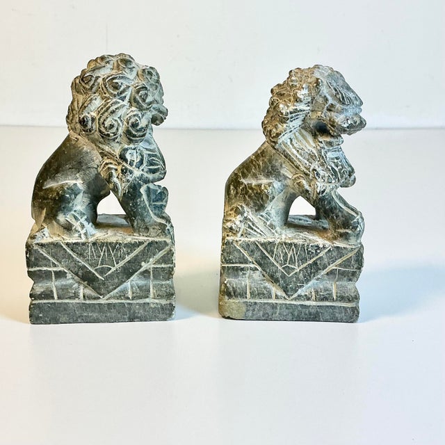 Stone 1970s Vintage Chinoiserie Boho Chic Hand Carved Granite Foo Dogs Sculptures - A Pair For Sale - Image 7 of 11