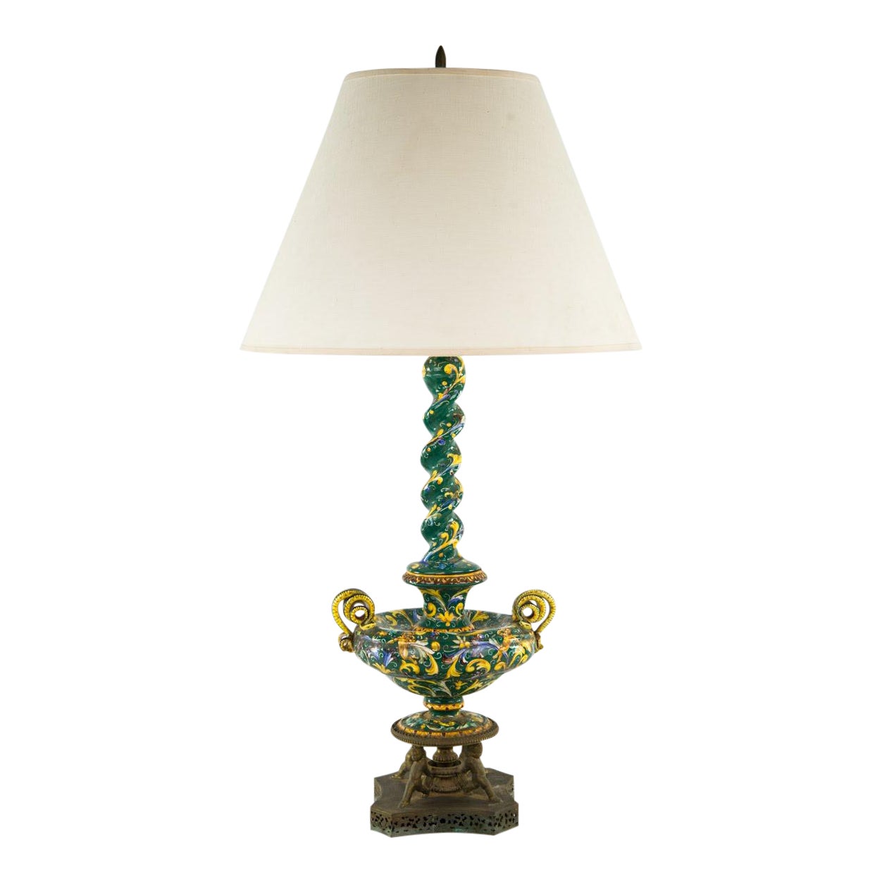 Ornate Victorian Style Green and Yellow Porcelain Table Lamp | Chairish