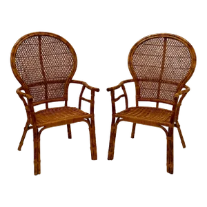 Bamboo & Rattan Fan Back Arm Chairs -A Pair