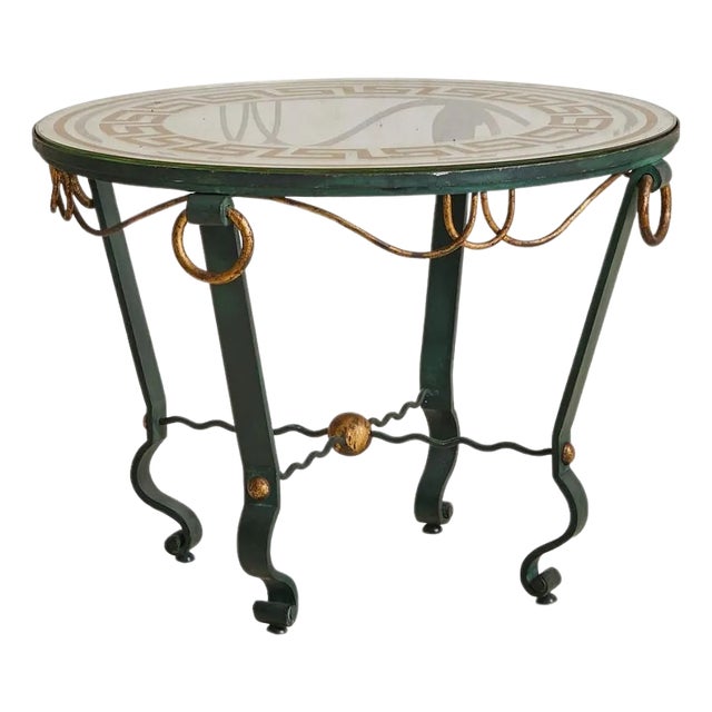 French Verdigris Guéridon Table with Greek Key Églomisé Top, 1930s For Sale
