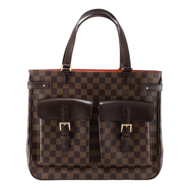 Louis Vuitton Uzès Damier Ebene Canvas Brown Leather Gold-Tone Tote Bag For Sale