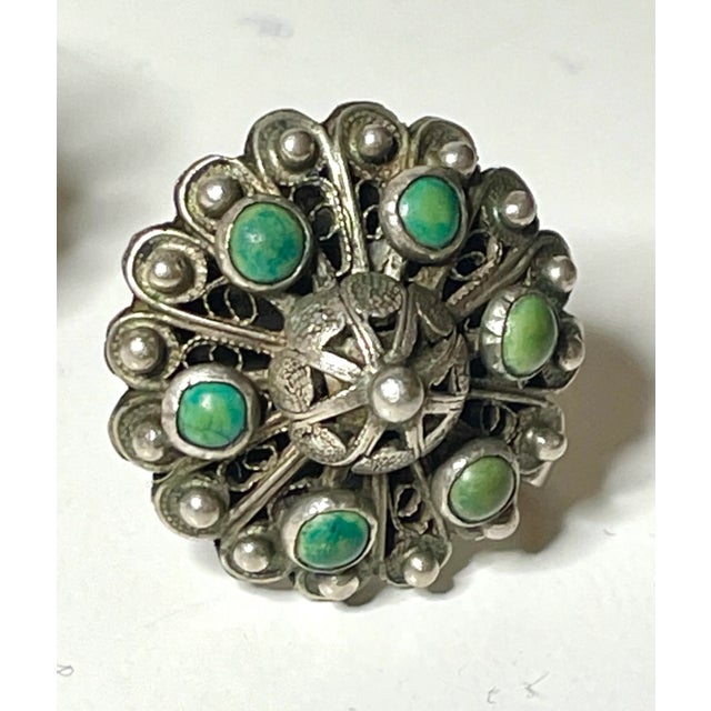 This is part of Chairish’s Costume Jewelry assortment. Art Deco earrings from the 1920s showcase Turquoise cabochon’s set...