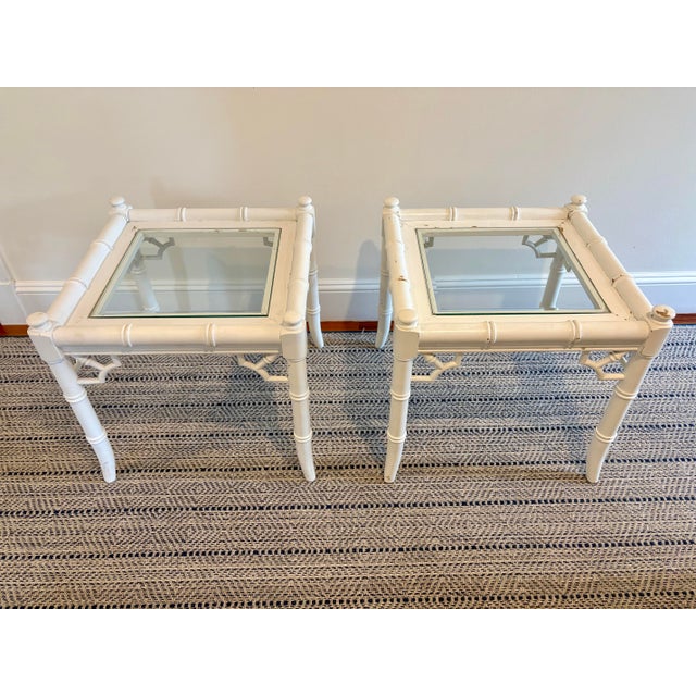 Hollywood Regency Vintage Faux Bamboo Glass-Top Side Tables — Pair For Sale - Image 3 of 10