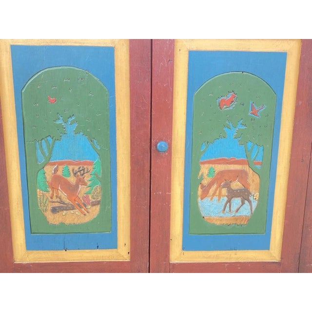French Country Late 20th Century Country Farmhouse Red & Blue Forest Carved Wardrobe Tv Entertainment Cabinet For Sale - Image 3 of 12