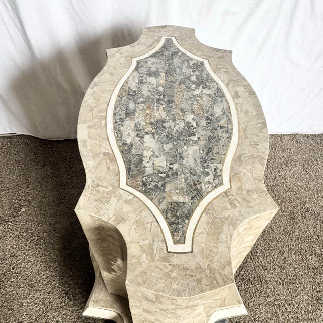 Postmodern Sculpted Grey White and Tan Tessellated Stone Dining Table Base With Brass Inlay For Sale In Miami - Image 6 of 10