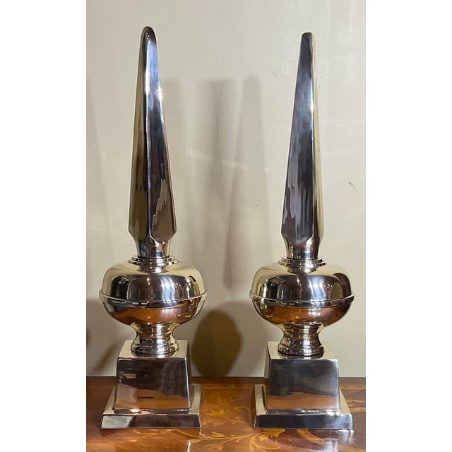 Funky Solid Brass Obelisk Finials - A Timeless Pair for Discerning Collectors. For Sale - Image 11 of 12
