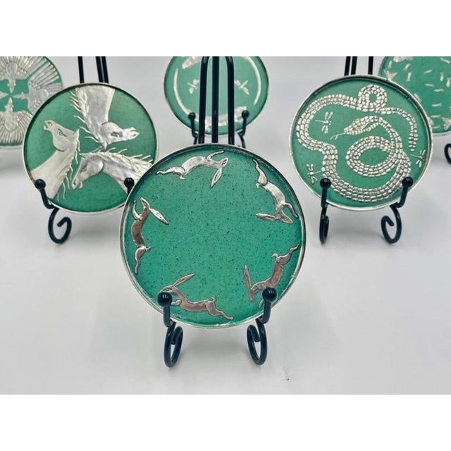 1980s Set of 6 Porcelain & Pure Silver Drink Coasters & Holder by Emilia Castillo For Sale - Image 12 of 18