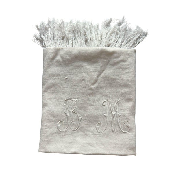 Antique French Heirloom Linen Towel Bm Monogram Drawn Thread Work Hand Knotted Fringe Trousseau Textile Circa 1900 For Sale - Image 12 of 12