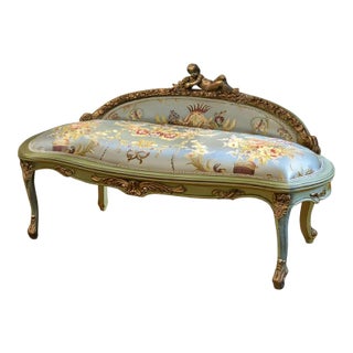 French Rococo White Settee – Gold Leaf Frame, Ornate Cherub Top & Damask Upholstery For Sale