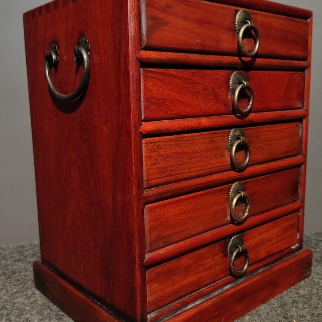 1990s 1990s Rosewood Five‑Drawer Jewelry Cabinet, Hand‑Made Mortise‑Tenon Storage Chest Chinoiserie For Sale - Image 5 of 9