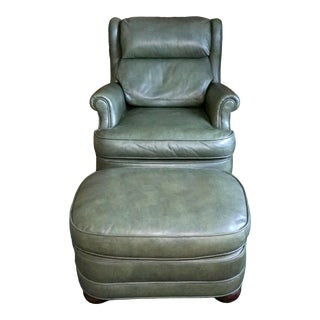 A. Rudin Olive Green Leather Chair and Ottoman For Sale