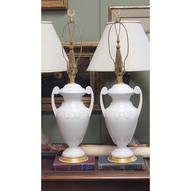 1990s Pair Regency Style Porcelain & Gilt Brass Lamps For Sale - Image 12 of 12