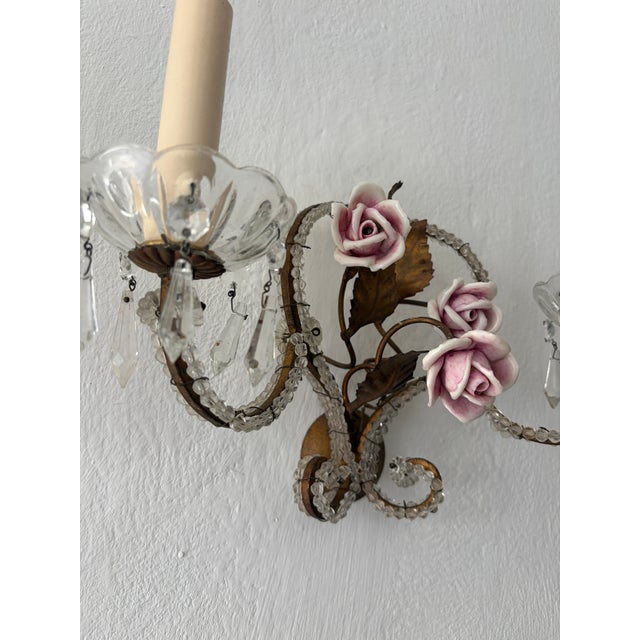 Pink French Beaded Old Vintage Pink Porcelain Roses Flowers Sconces Italian, C 1940 For Sale - Image 8 of 8