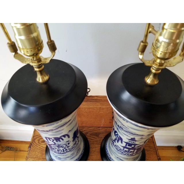 Blue Late 20th Century Asian Brush Pot Blue and White Lamps - a Pair For Sale - Image 8 of 11