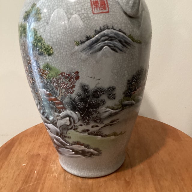 Vintage Asian Celadon Crackle Glaze Vase With Landscape, Calligraphy and Makers Mark For Sale - Image 4 of 12